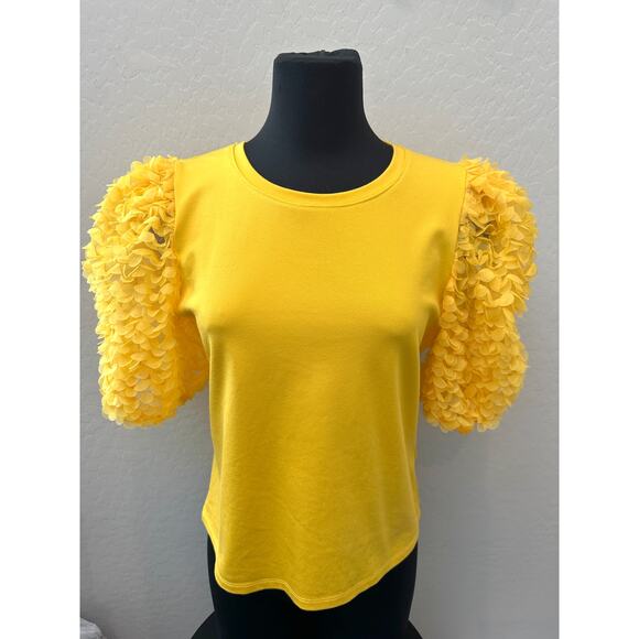 ANTHROPOLOGIE | Flat White Yellow Puff Sleeve Ruffle Textured Top | Size Small - Picture 3 of 8